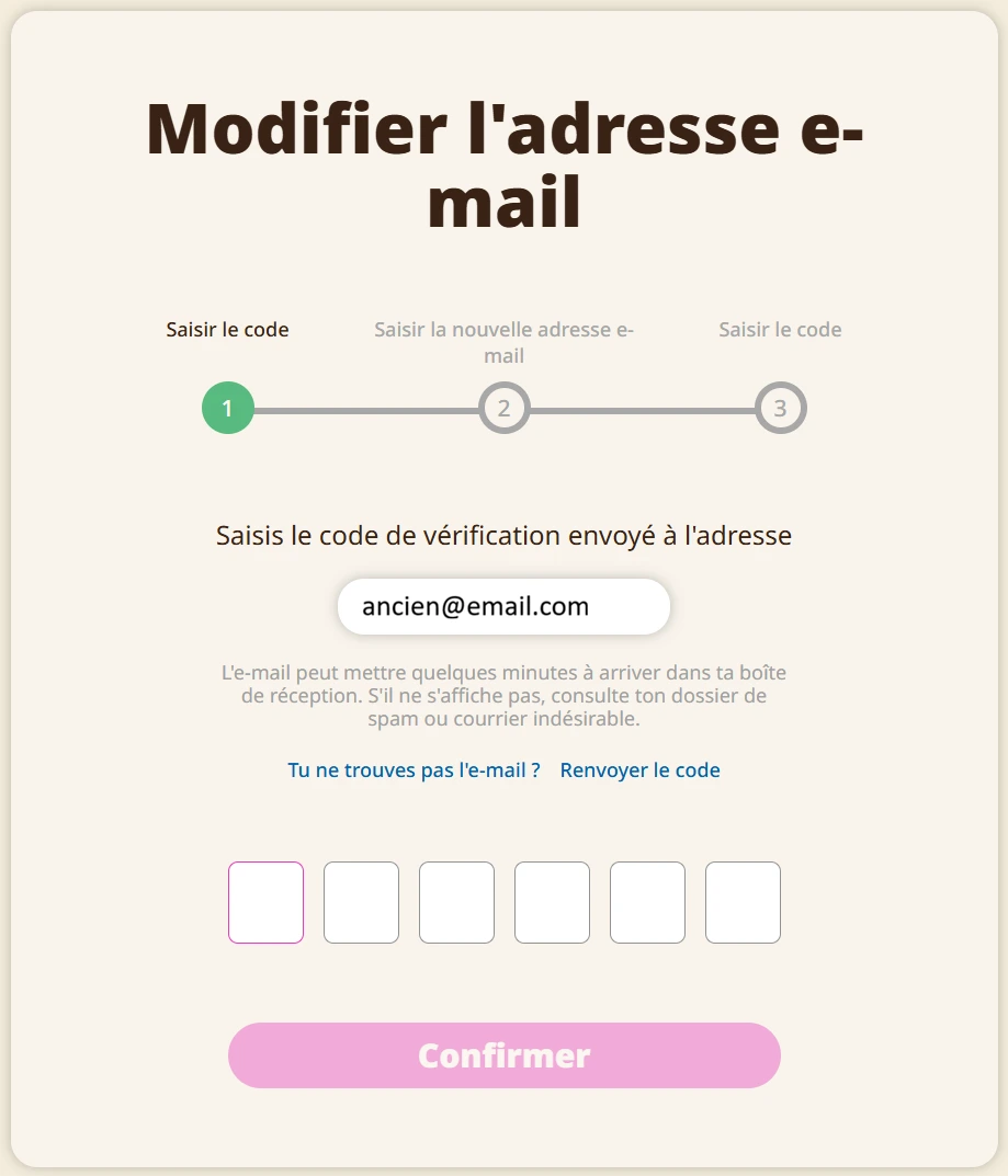 Formulaire Modifier adresse e-mail étape 1
