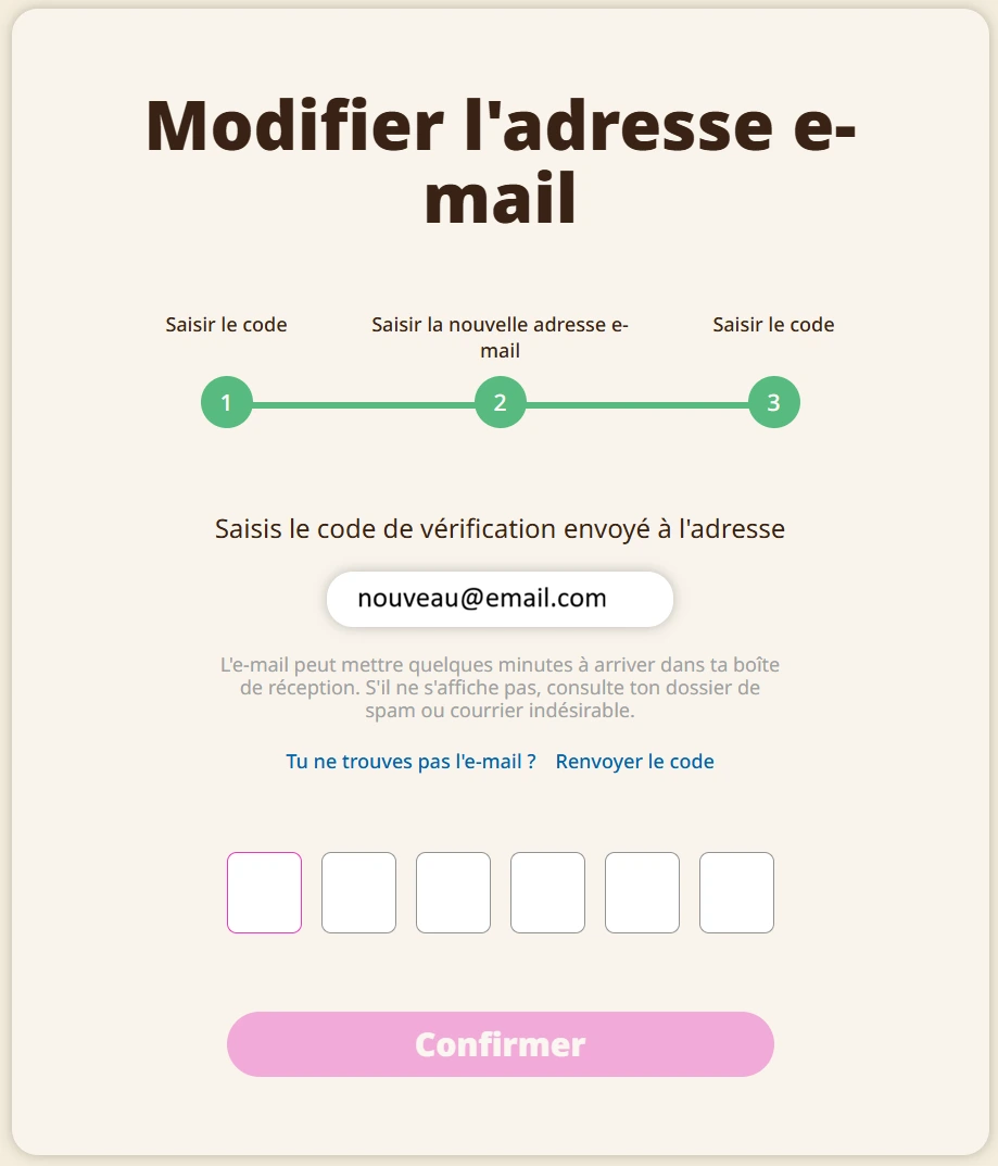 Formulaire Modifier adresse e-mail étape 3